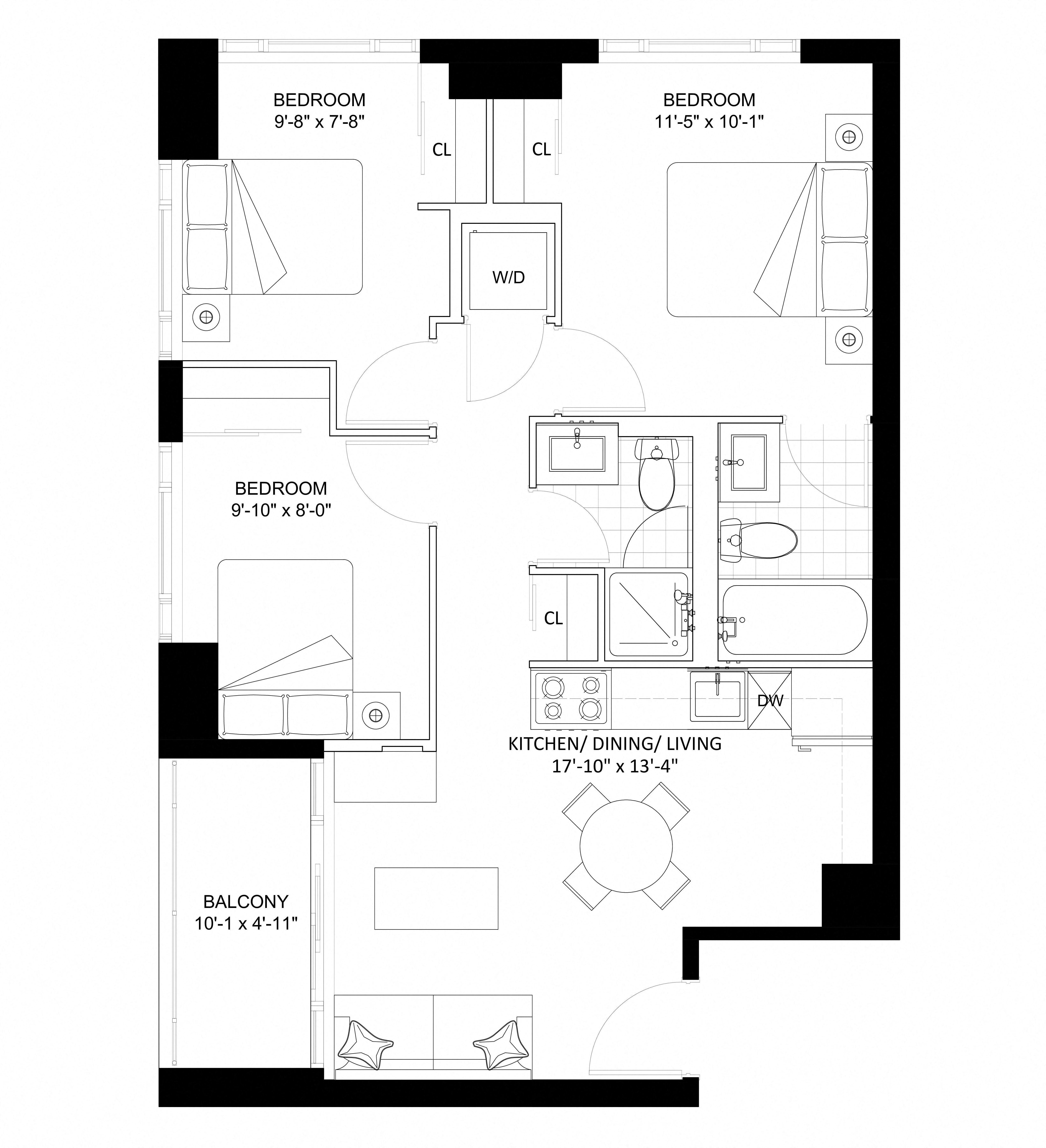 Floor plan for 3 beds, 2 baths, 738 sqft
